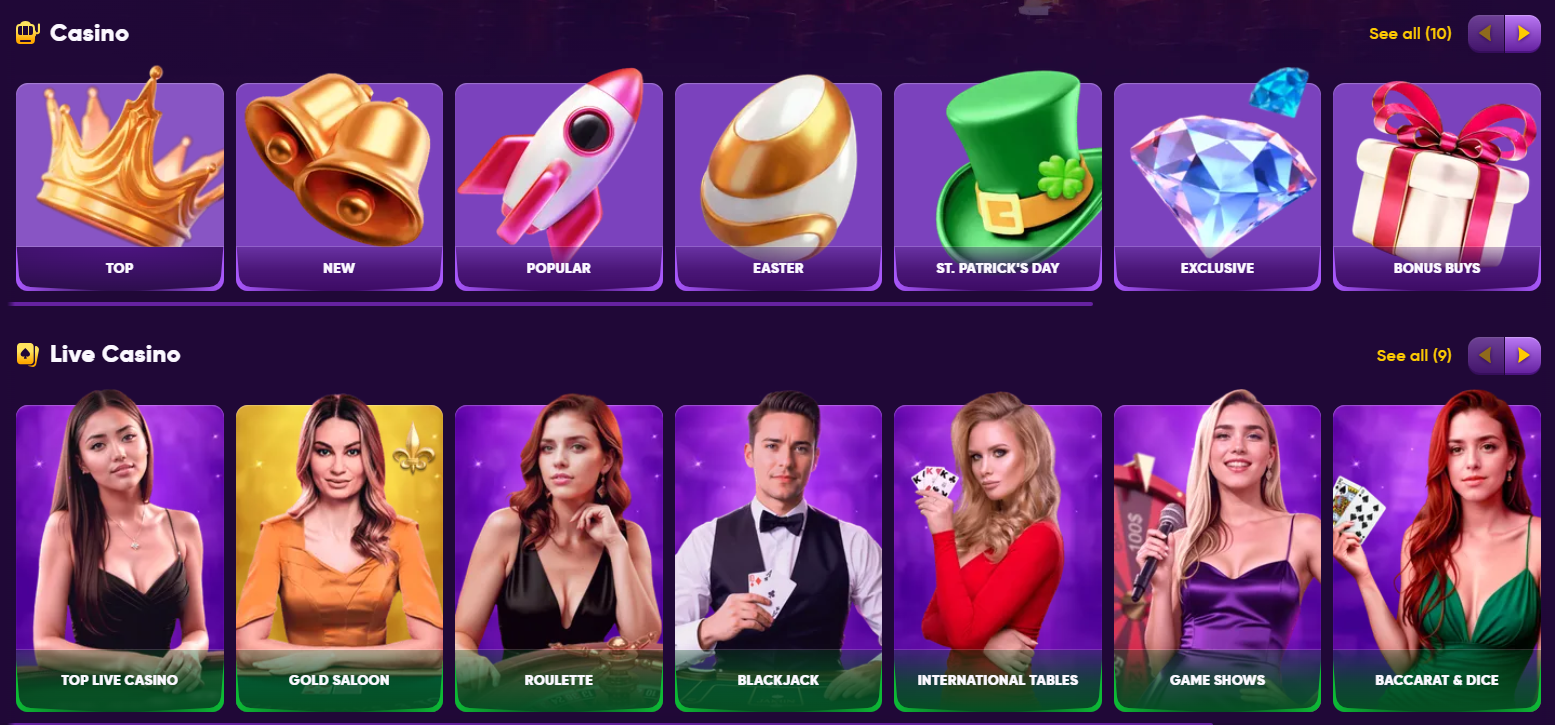 KingMaker Spielangebot — Casino-Kategorien Top, New, Popular, Exclusive, Bonus Buys und Live-Casino-Tische mit echten Dealern