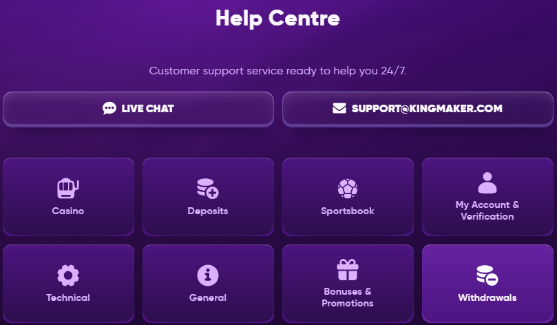 KingMaker Hilfe-Center — Live Chat 24/7, E-Mail-Support und Themenbereiche