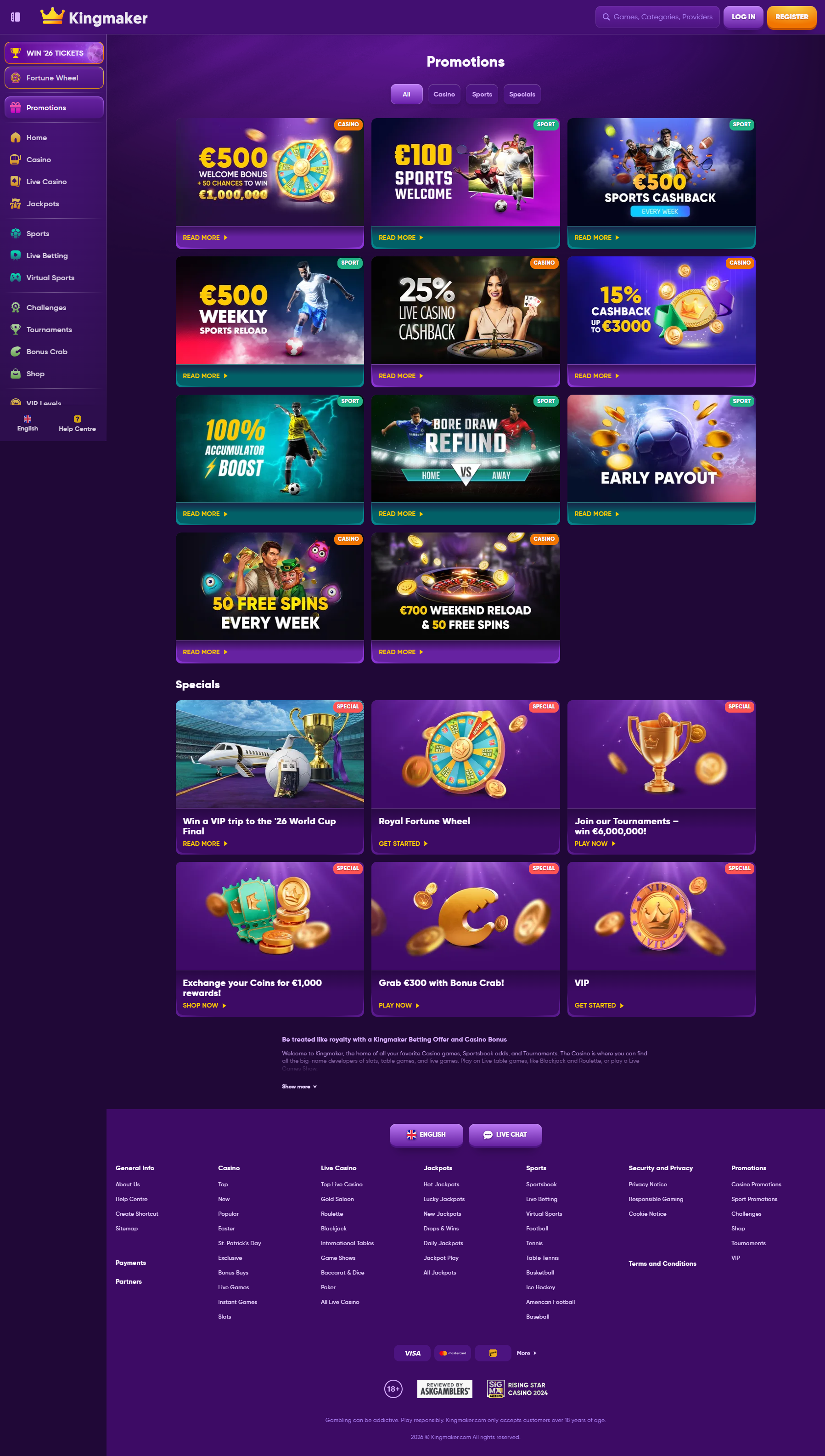 KingMaker Casino Promotionen-Übersicht — Welcome 500 €, Sports Welcome, Weekly Reload, Live Cashback und Free Spins