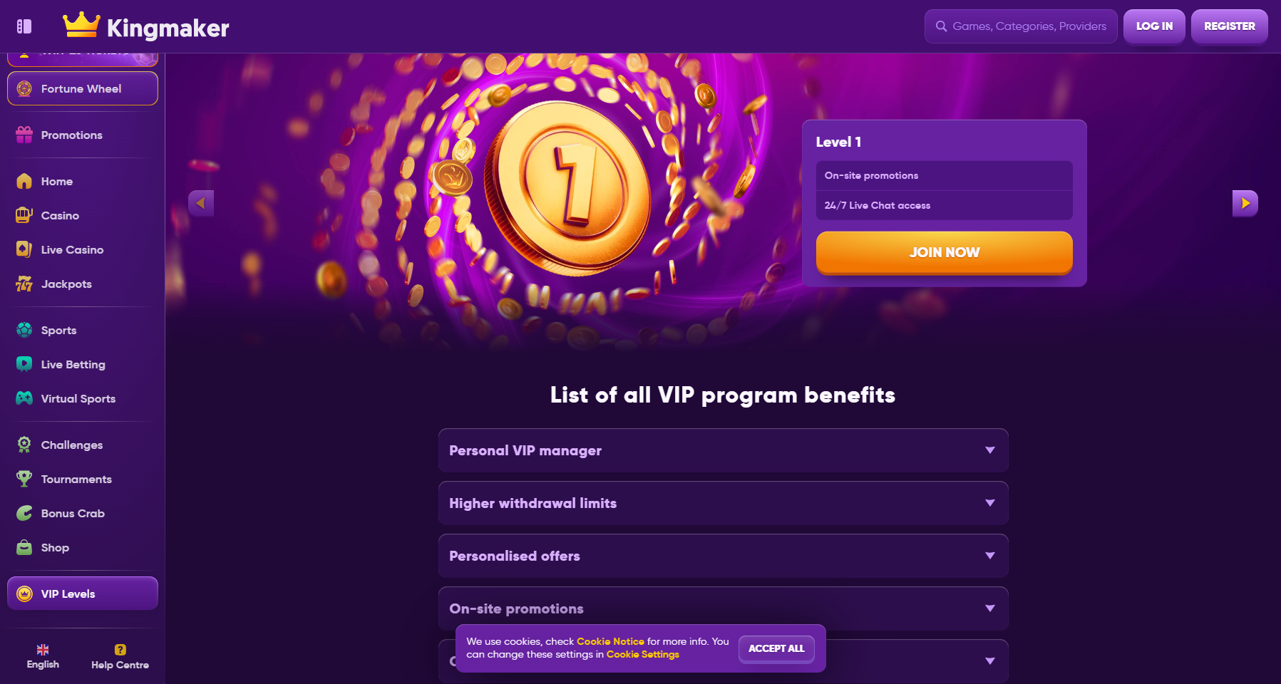 KingMaker VIP-Programm — Level-Übersicht mit Cashback, On-site Promotions und 24/7 Manager